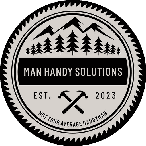 The Man Handy Solutions badge: a saw blade around an Ozark mountain range and pines, with crossed hammers